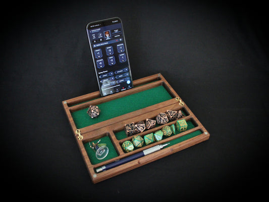 Personalized Compact Hardwood Dice Tray and Vault With Phone/Tablet Stand