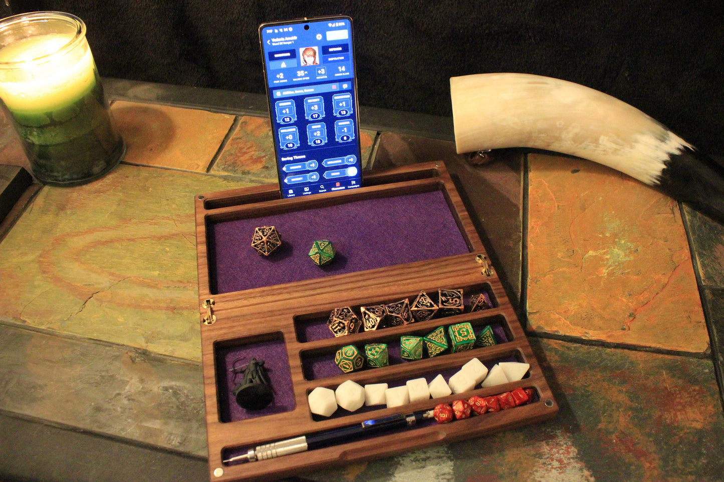 Personalized Hardwood Dice Tray and Vault With Phone/Tablet Stand