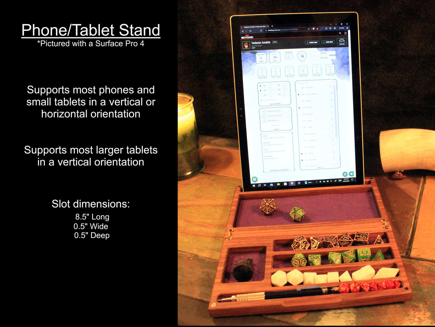 Personalized Hardwood Dice Tray and Vault With Phone/Tablet Stand