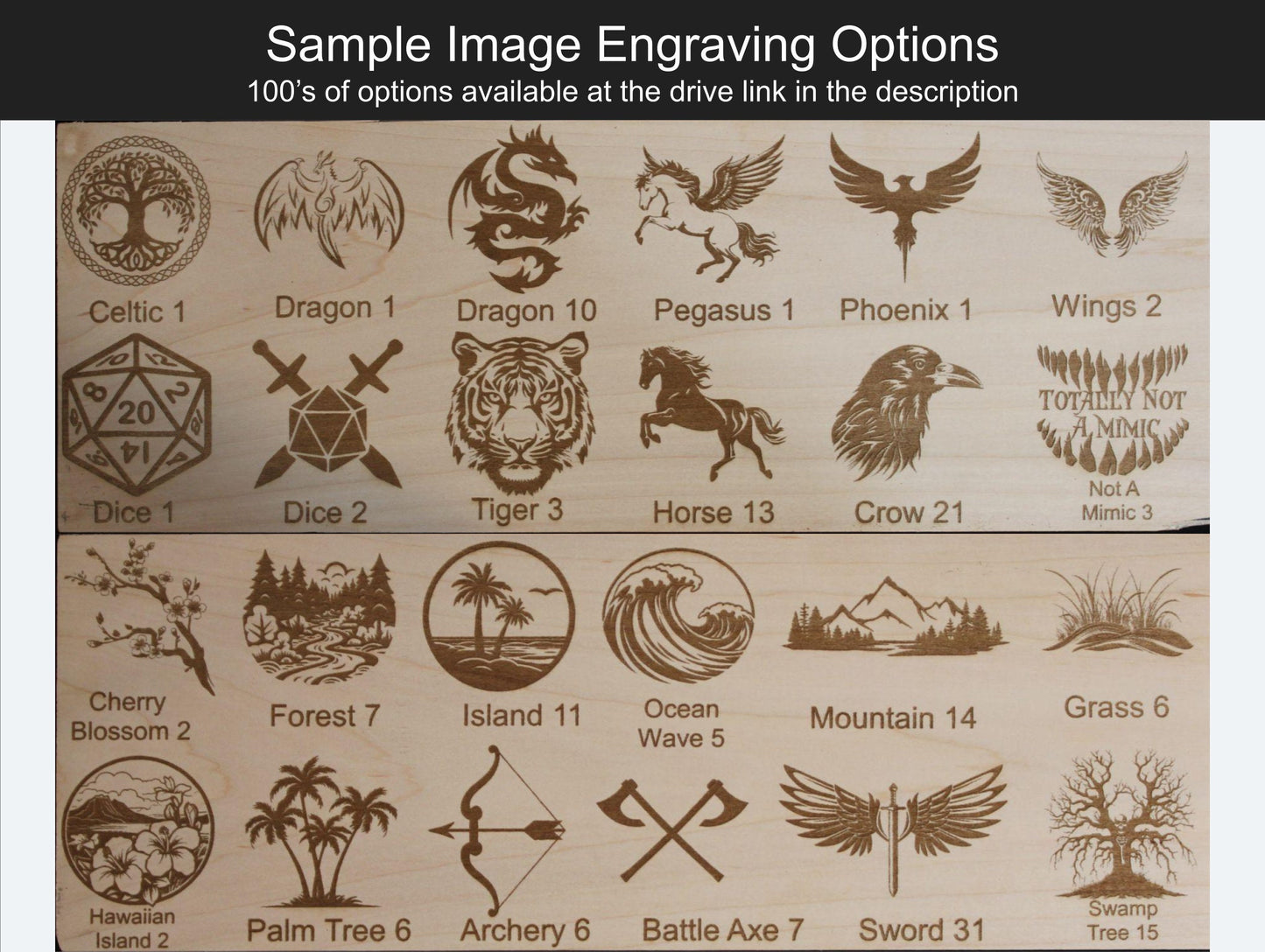 Sample Engraving Options Include Celtic, Dragons, Pegasus, Phoenix, Wings, Dice, Tigers, Horses, Crows, Mimics, Cherry Blossoms, Forests, Islands, Mountains, Grass, Palm Trees, Battle Axes, Archery, Swords, and Swamp Trees.