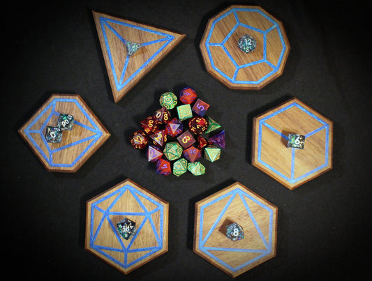 6 Piece Walnut Hardwood Polyhedral Dice Coaster Set