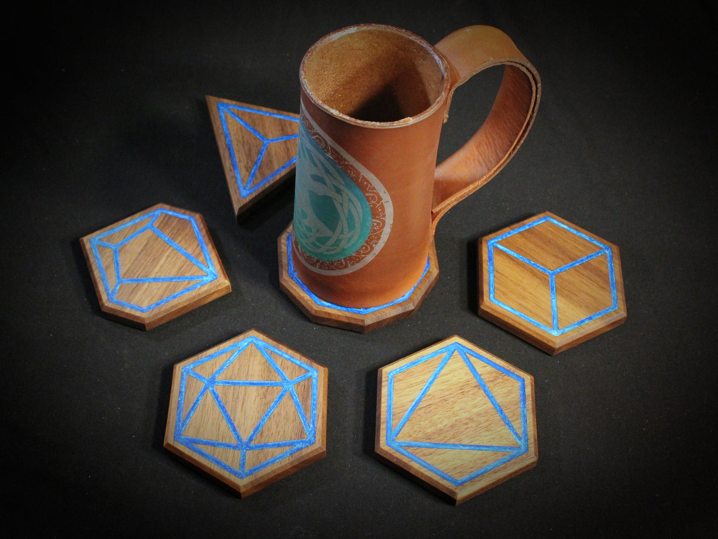 6 Piece Walnut Hardwood Polyhedral Dice Coaster Set