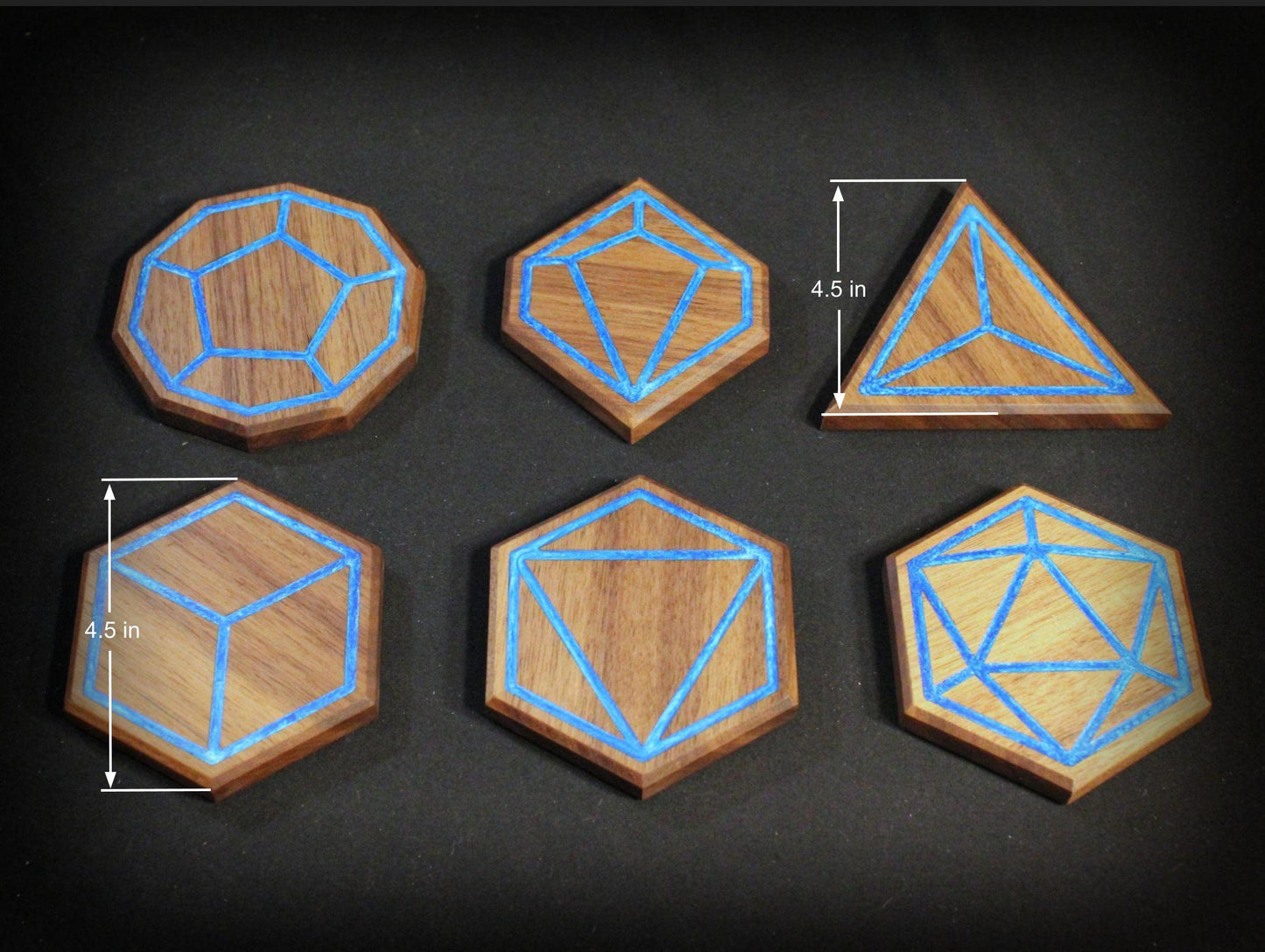 6 Piece Walnut Hardwood Polyhedral Dice Coaster Set